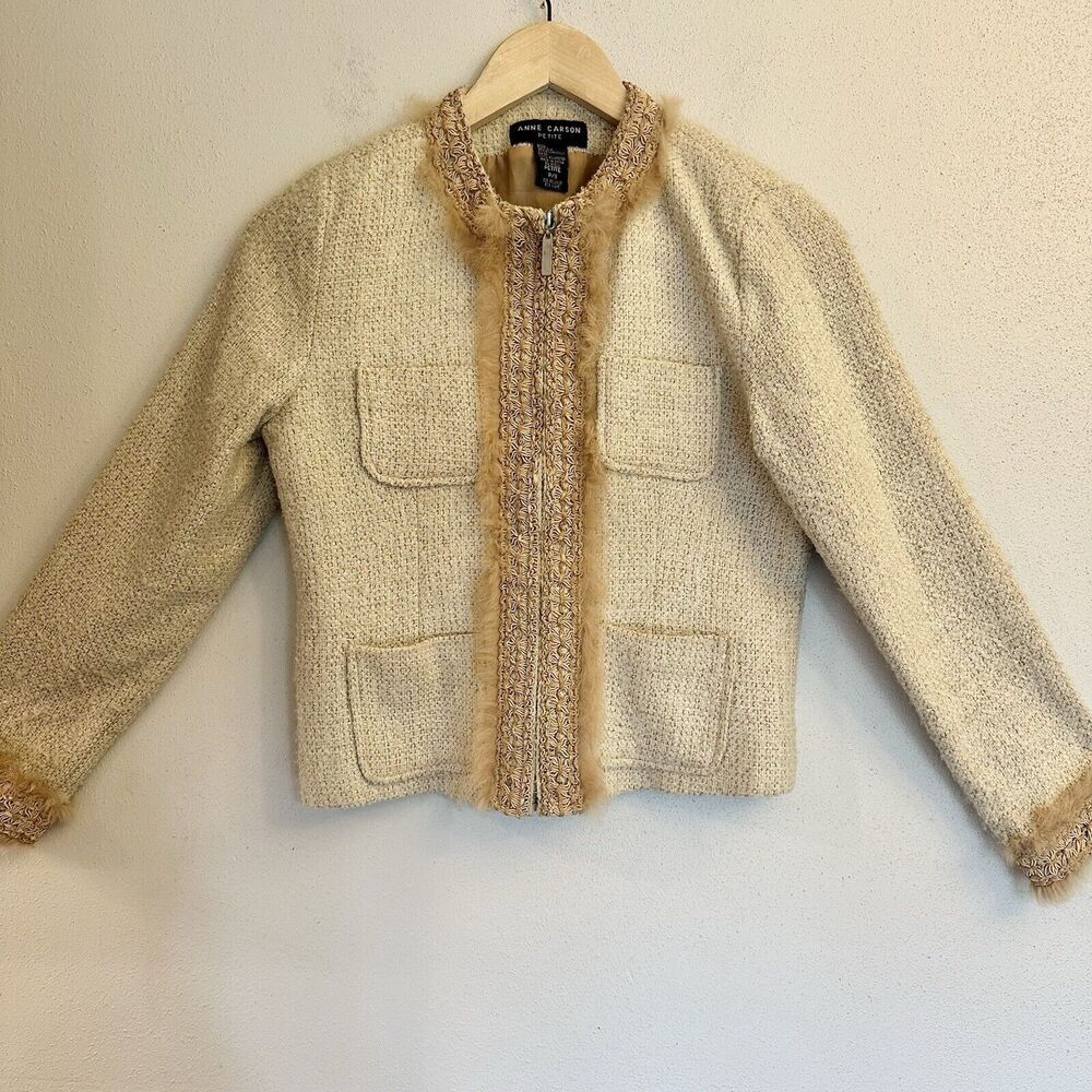 Anne Carson Blazer Small Petite Beige Zip Silk Fur Lining Long Sleeve Pockets